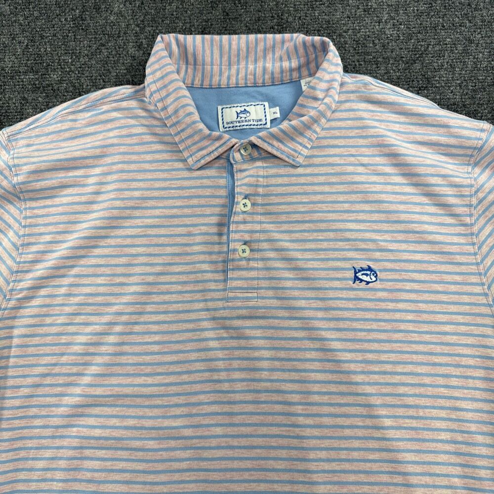Southern Tide Mens XL Pink Blue Striped Skipjack Polo Pima Cotton Stretch